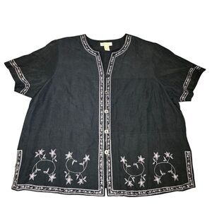DressBarn Sz 24W SILK LINEN Blend Embroidered Short Sleeve Blouse Top Charcoal